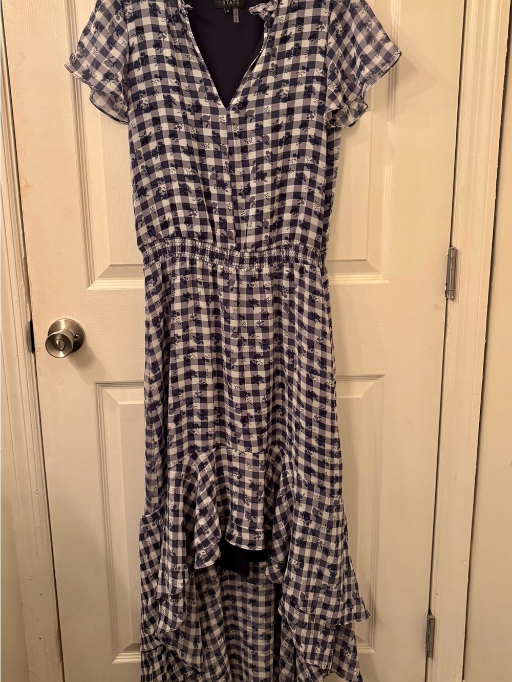 1. State Navy and White Gingham High-Low Dress with Flutter Sleeves